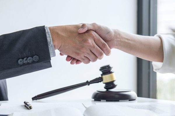 male lawyer and business woman customer, Handshake after good deal agreement, Law and Legal concept